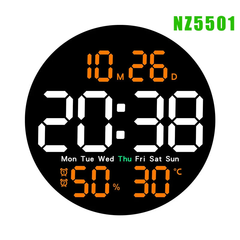LED Wall Clock with Remote Control - Dual Alarms Calendar  Temperature Display Adjustable Brightness for Home Decor