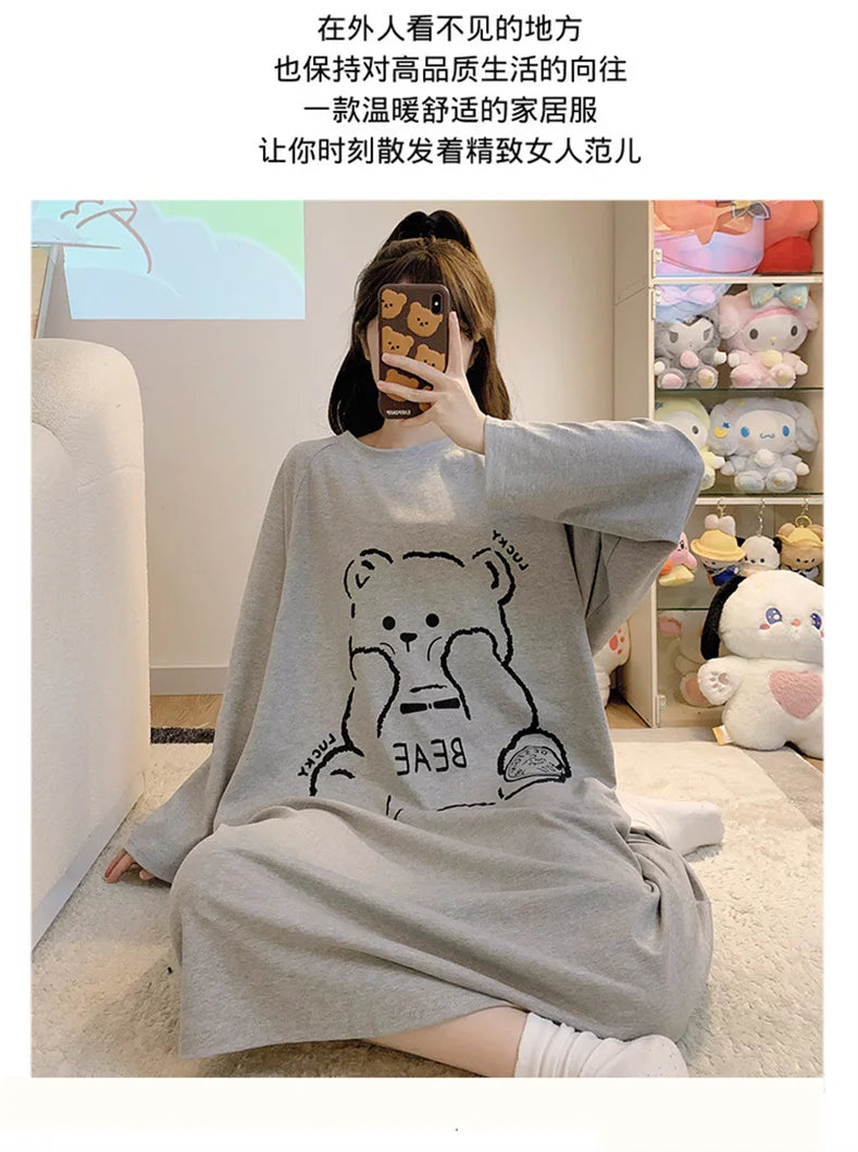 New Spring Summer Cotton Women's Pajamas Cute Long-sleeved Nightdress Cartoon Print Dress Home Service