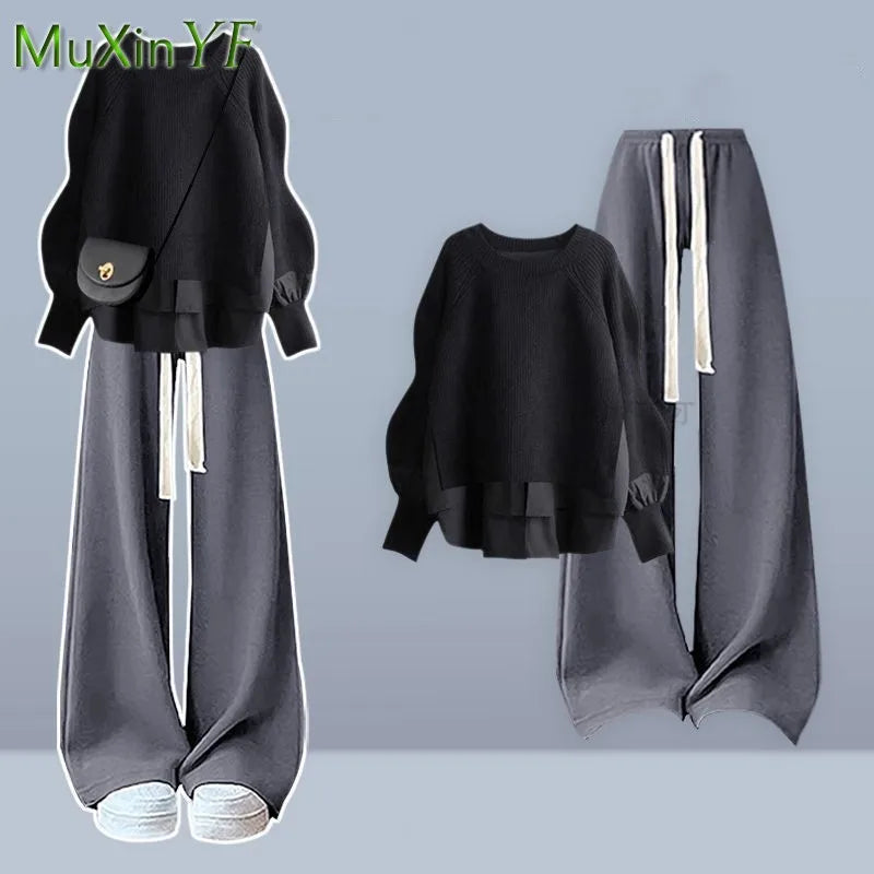 2025 Autumn/Winter New Korean Elegant Fake Two Piece Knit Sweater Top+Casual Pants Suit Women's Fashion Tracksuit Matching Set