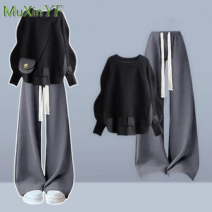 2025 Autumn/Winter New Korean Elegant Fake Two Piece Knit Sweater Top+Casual Pants Suit Women's Fashion Tracksuit Matching Set