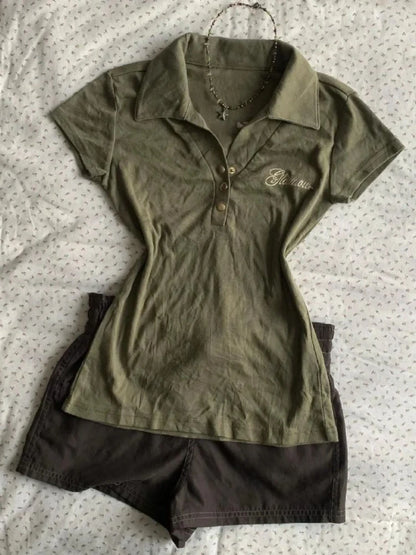 Vintage Polo Shirt Y2k Women's Gothic Style V-neck Slim Harajuku American Letter Print Punk Army Green Short Sleeve T-shirt 2025