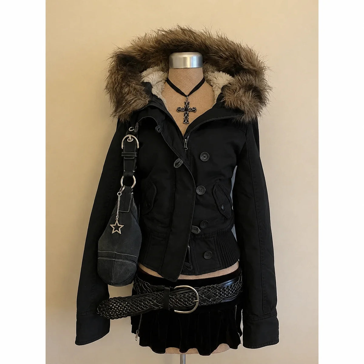 Vintage Punk Style Hoodie Long Sleeve Faux Fur Women Casual Zipper Hooded Gothic Y2K Subculture Harajuku Sweatshirts Autumn