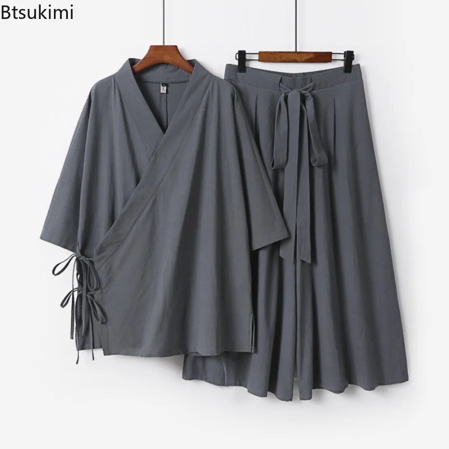 2026 Chinese Style Men's Linen Suit Tang Style Zen Style Hanfu Taoist Long Robe Top Pants Cotton and Linen Loose Two-piece Set