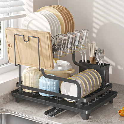 Dish Drying Rack - Over Sink Drainer with Utensil Holder, Foldable Two Tier, Auto Draining