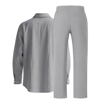 Men's Autumn Loose Trend Linen Solid Color Simple Lapel Long-Sleeved Shirt Beach Trousers Set