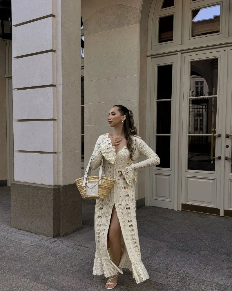 Deep V Neck Long Cardigan Dress - Elegant Hollow Knit Cover Up for Women
