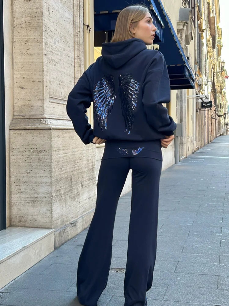 Sequin Angel's Wings Hoodies Women Chic Loose Long Sleeve Pullovers Top Slim Yoga Pant Set 2025 New Casual Lady Two Piece Sets