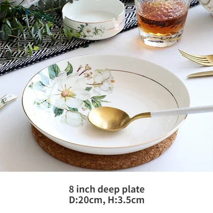 Bone China Dinnerware Set - Floral Ceramic Plates Bowls  Soup Pots