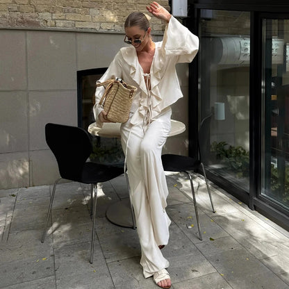 Linad Casual Loose Apricot Outfits Fashion Ruffles Flare Sleeve Blouse With High Waist Pant 2 Piece Sets Summer Long Pants Suits