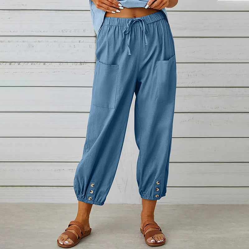 Cotton Linen Harem Pants Women Casual Elastic High Waist Lace Up Loose Ankle Trousers Vintage Harajuku Wide Leg Straight Pants