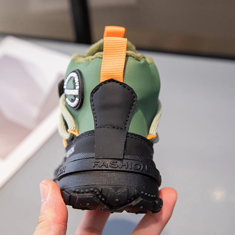 Kids Hiking Shoes Waterproof Leather Boots - Warm Cotton Rubber Sole Winter Footwear