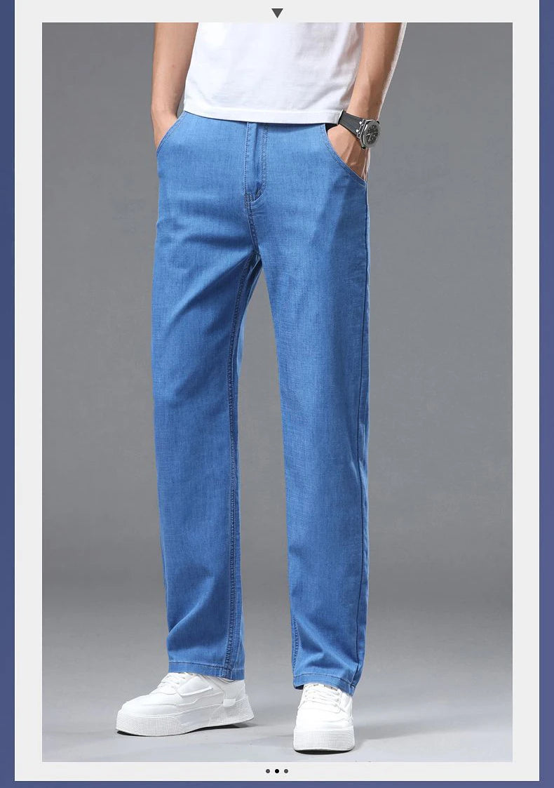 Light blue classic business jeans, fashionable breathable denim elastic pants, black blue men's straight leg jeans, sizes 28-40
