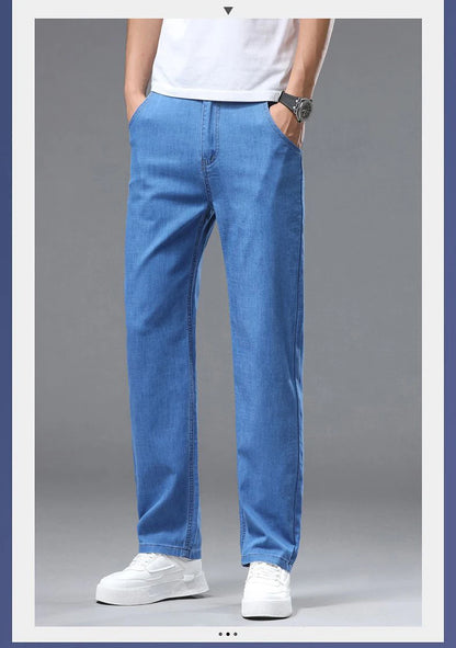 Light blue classic business jeans, fashionable breathable denim elastic pants, black blue men's straight leg jeans, sizes 28-40