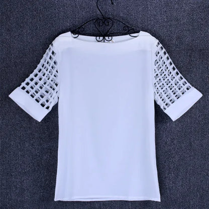 Summer Fashion Women Blouses & Shirts Hollow Out Sleeve Slash Neck Chiffon Blouse Plus Size