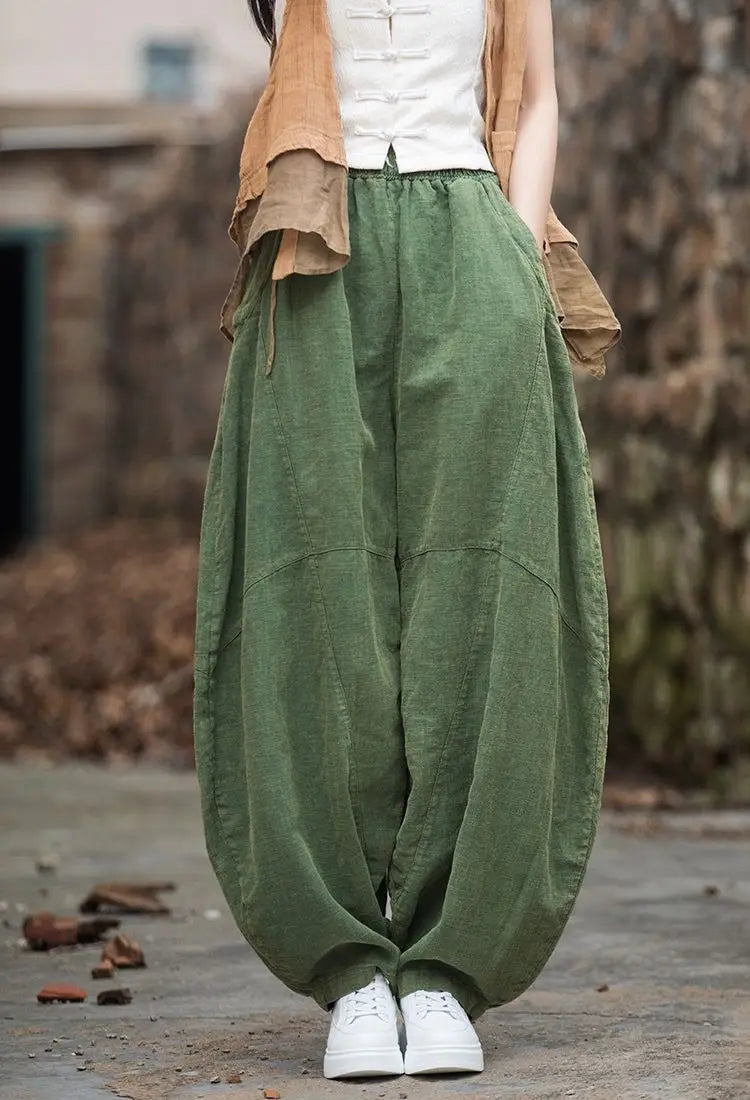 Elegant Women's Cotton Linen Baggy Cargo y2k Pants Vintage Elastic Waist Trousers Loose Casual Long Wide Leg Oversize Clothes