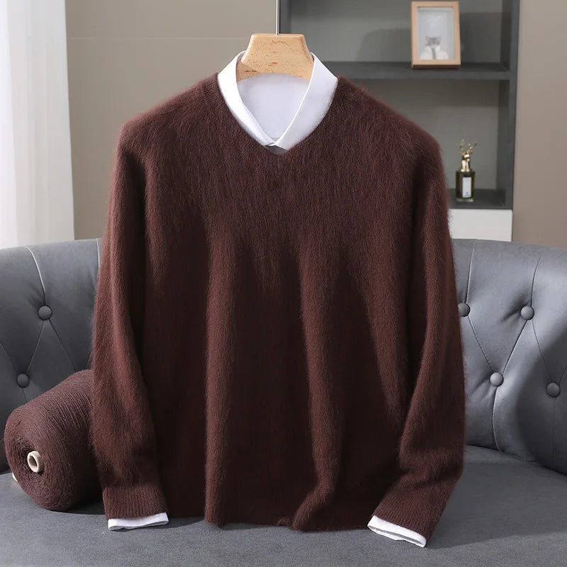 Men's 100% Pure Mink Cashmere Sweater V-neck Pullover Knit Bottoming Shirt Autumn And Winter New Long-Sleeve High-End Mink Tops