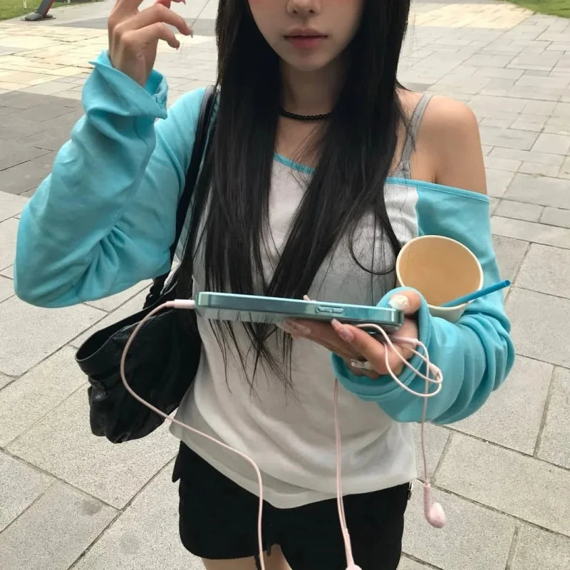 Y2K Clothing Patchwork T-shirt Women Aesthetic 2000s Skew Collar Long Sleeves Tops Autumn Vintage Harajuku Streetwear Tee Shirt