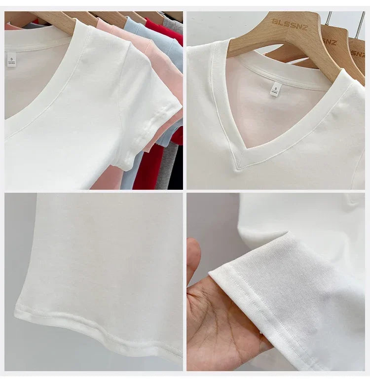 Summer Sexy V-neck Slim T Shirt Women Cotton Basic Solid Crop Tops Female Casual Tops Short Sleeve T-shirts 2026