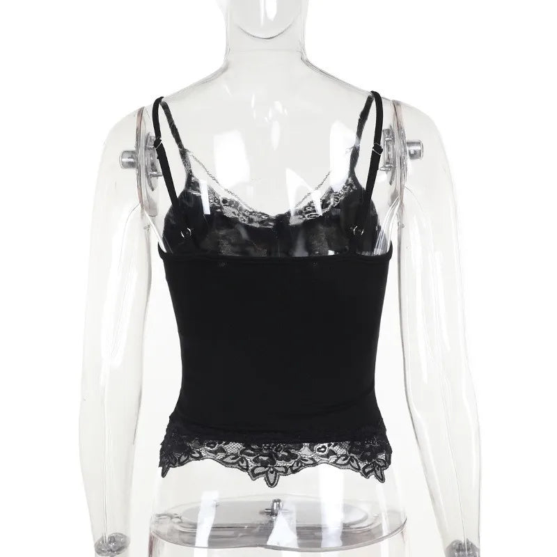 AltGoth Gothic Punk Camis Women Streetwear Harajuku Y2k Grunge Graphic Bat Printed Lace Patchwork Crop Tank Top with Chain Femme