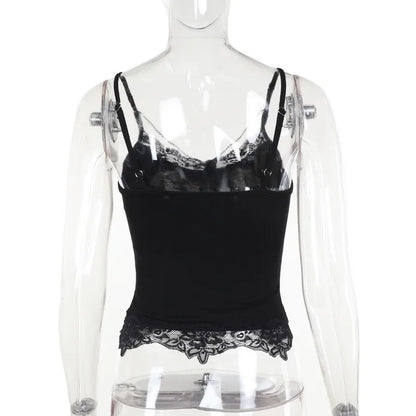 AltGoth Gothic Punk Camis Women Streetwear Harajuku Y2k Grunge Graphic Bat Printed Lace Patchwork Crop Tank Top with Chain Femme