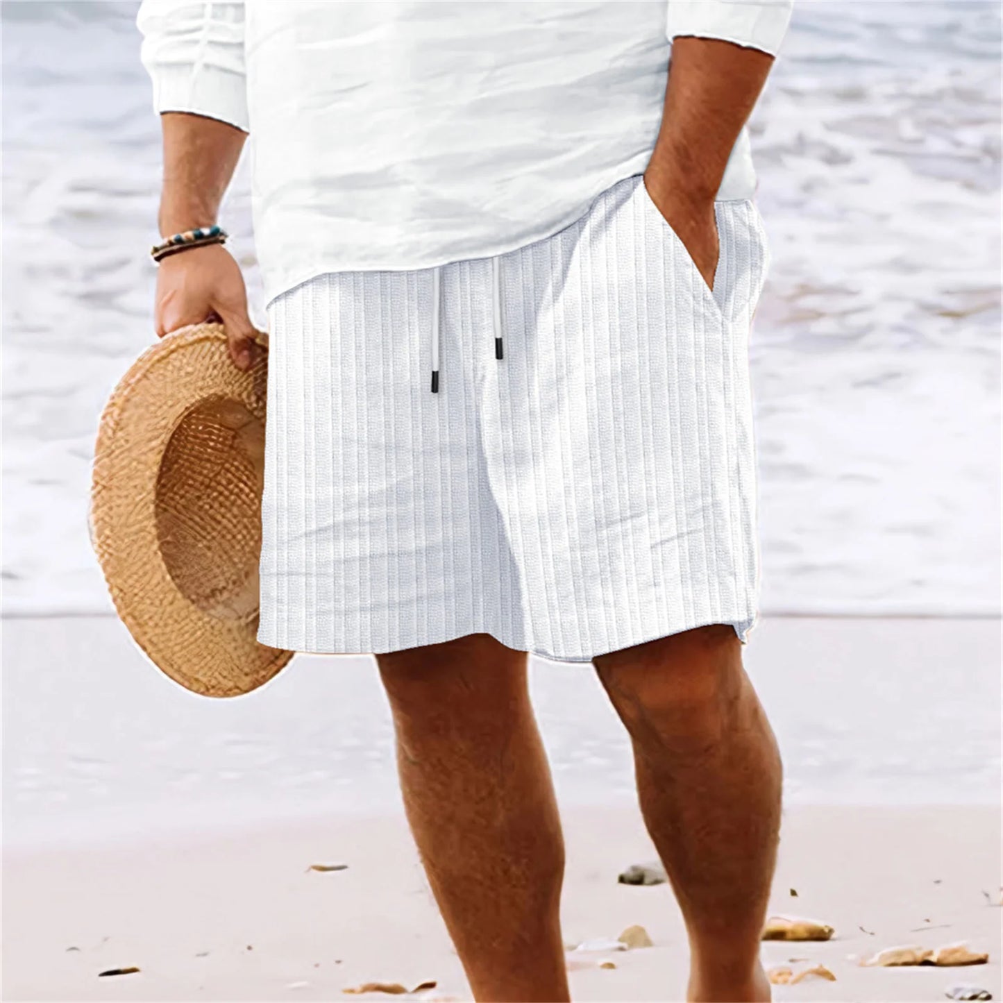 Men's Beach Shorts - Lightweight Striped Multi-Pocket Hawaiian Style Casual Summer Board Shorts