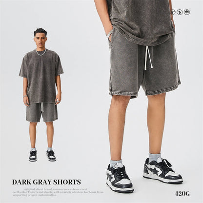 ZODF Trendy Batik Washed 420gsm Cotton Shorts For Men Retro Unisex Basic Heavy Weight Loose Solid Shorts Brand Bottoms HY0855