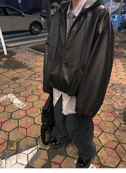 Mauroicardi Spring Autumn Short Oversized Black Soft Pu Leather Jacket Men with Hood Zipper Loose Casual Korean Fashion Clothes