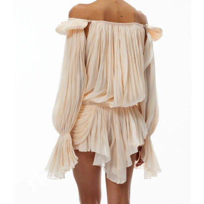 Satin Off-Shoulder Pleated Mini Dress for Women Fashion Puff Sleeve  Cinched Waist Prom Party Skirt 2026 NEW Spring Lady Dresses