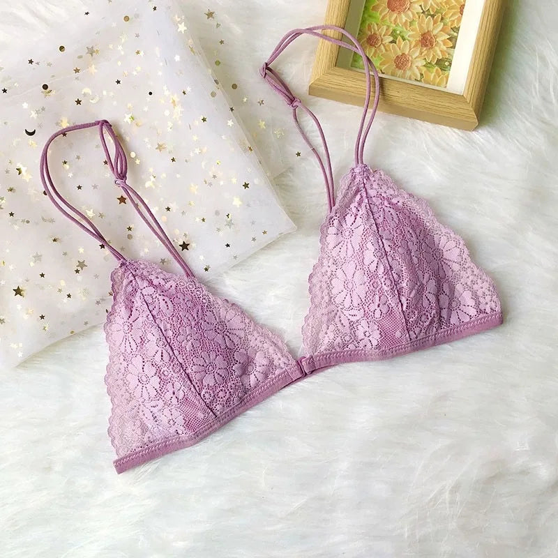 French Underwear Women's Front Buckle Triangle Cup Thin Strap Beautiful Back Thin Style Lace Summer Sexy Pure Bra for Women