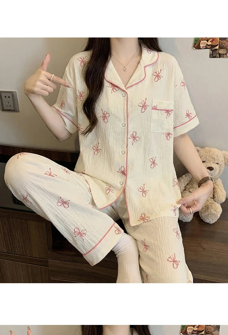 French-Style Sweet Bow Pajamas for Women: Summer Short-Sleeve Long-Pants Set with Cloud-Print, Soft and Cozy Cotton Loungewear