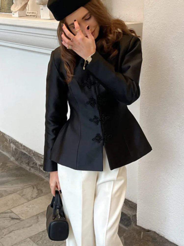 Elegant Satin Coat – Women's Satin Jacket With Cinched Waist & Button Closure