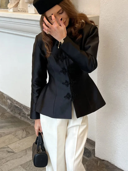 Elegant Satin Coat – Women's Satin Jacket With Cinched Waist & Button Closure
