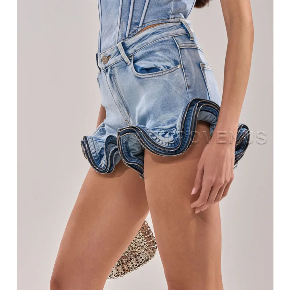 Wave Ruffle Hem Slim Denim Shorts Women Casual High Waist Slim Fit Ruffled Denim Shorts Fashion Slimming Streetwear