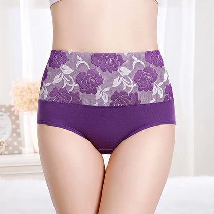 Plus Size L-5XL Women's Briefs Underwear Cotton High Waist Tummy Control Panties Rose Jacquard Ladies Panty Multipack
