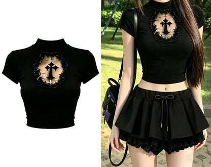 Turtleneck Top Y2k Clothes Black Gothic Cross Hollow Slimming Bottom TShirt Women Long Sleeve Sexy T-shirt Girls Tops Subculture