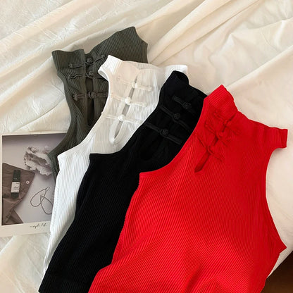 ITOOLIN Elegant Women Chinese Button Tank Tops With Bra Pad O-Neck  Sleeveless Tank Tops For Women Sexy Crop Tops All-Match 2024