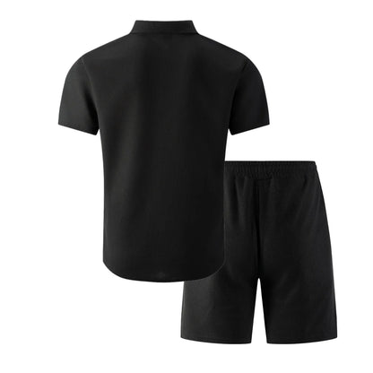 Summer New Men Waffle Knit Polo Solid Color Lapel Short Sleeve Cardigan Shirt Pocket Shorts Set Casual 2 Piece Outfit For Male