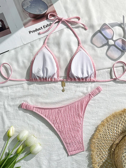2026 women's brand new all season backless fashion sexy lace up bikini 2-piece set split swimsuit beach Brazil