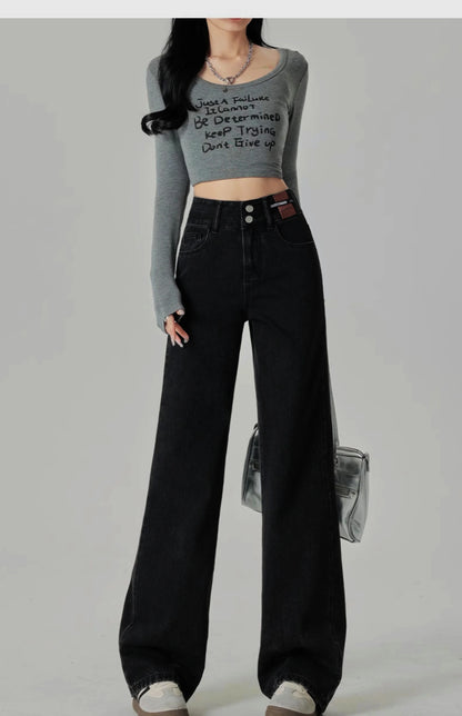 Women's Narrow Cut Wide Leg Jeans With High Waist And Hanging Feeling Straight Leg Casual Look Slim Contrasting Colors Pants