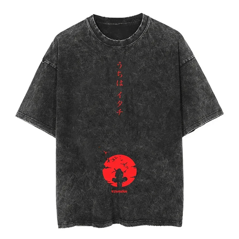 Men Streetwear Tshirt Japanese Naruto Anime Graphic T-Shirt Cotton Harajuku Washed T Shirt Summer Hip Hop Tops Tees Black
