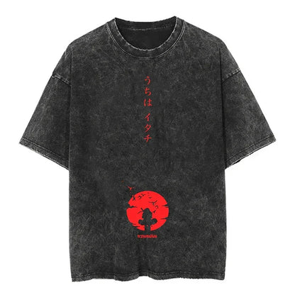 Men Streetwear Tshirt Japanese Naruto Anime Graphic T-Shirt Cotton Harajuku Washed T Shirt Summer Hip Hop Tops Tees Black