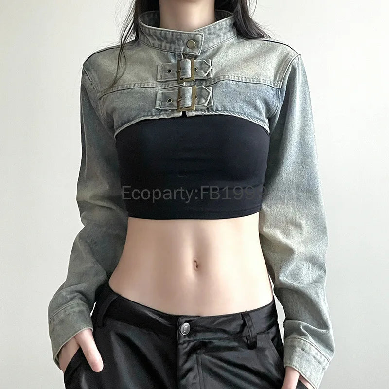 Women Fashion Denim Jacket Y2K Aesthetic Vintage Sexy Crop Tops Coat Japanese Harajuku Streetwear Female Spring Summer Outerwear