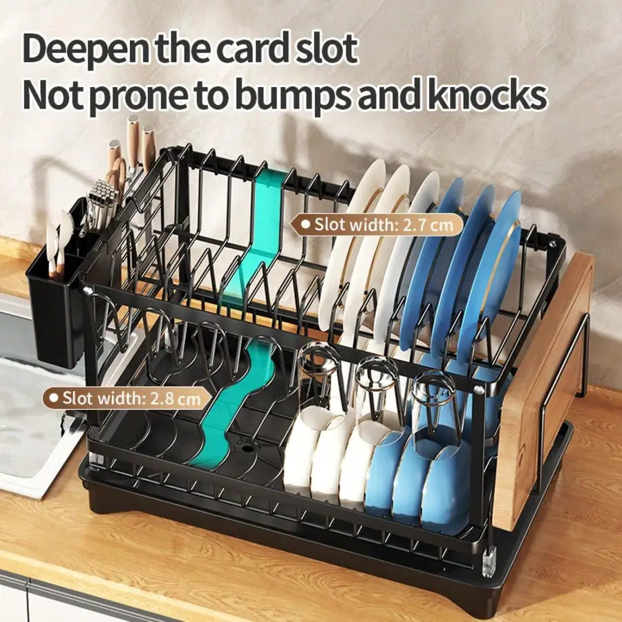 Kusuxva This Double-Layer Metal Kitchen Countertop Dish Rack Is Space-Saving And Durable. It Comes With A Knife And Fork Holder,