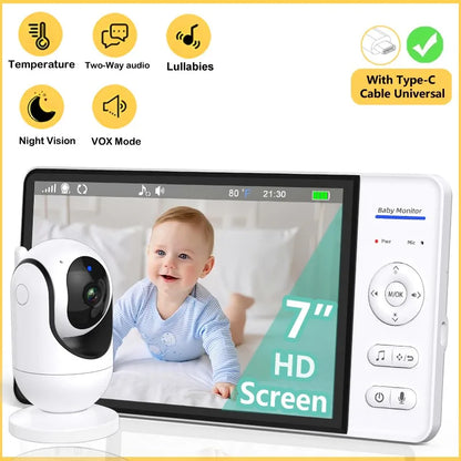 No WiFi 7 Inch Baby Monitor 2-Way Audio Night Vision 4X Zoom  Wireless Kids Protection Surveillance Video Camera 5000mAh Battery
