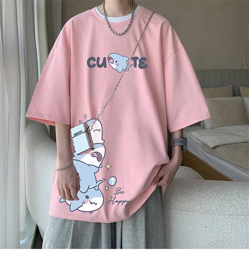 Men's Cotton T-shirts White Men Oversized T Shirt Anime Shark Print Summer Casual Wear 5XL Tee Shirts Big Size Male Clothes