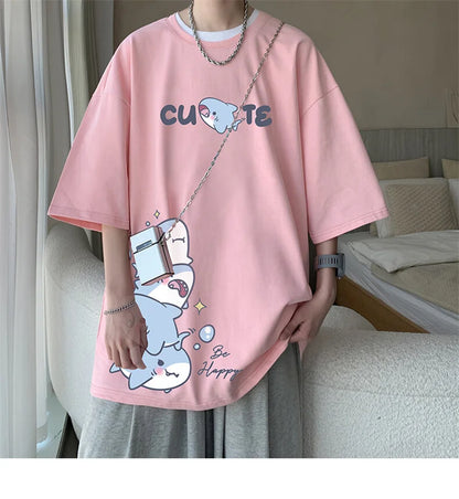 Men's Cotton T-shirts White Men Oversized T Shirt Anime Shark Print Summer Casual Wear 5XL Tee Shirts Big Size Male Clothes