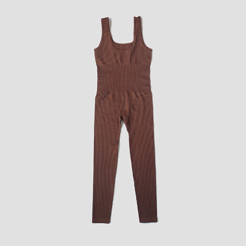 Women's Seamless Yoga Set | Ribbed One Piece Fitness Jumpsuit - High Waist Workout