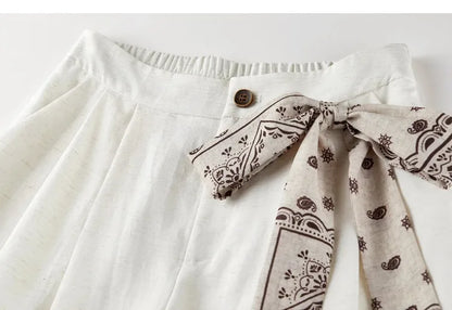 SENTUBILA Office 2 Piece Pant Set 2026 Women Linen Blend Summer Suit V Neck Waistcoat Wide Leg Baggy Pant Print Scarf 162ZA5663Z