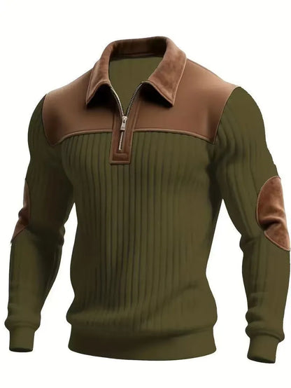 New Arrival Men Color Block Corduroy Collar Ribbed Long Sleeve Half Zip Polo Sweater Elbow Patches Casual Pullover Sweatshirts