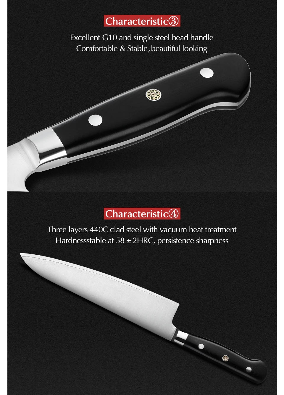 XINZUO 210mm Chef Knife - 3 Layer 440C Core Clad Steel Gyutou with G10 Handle
